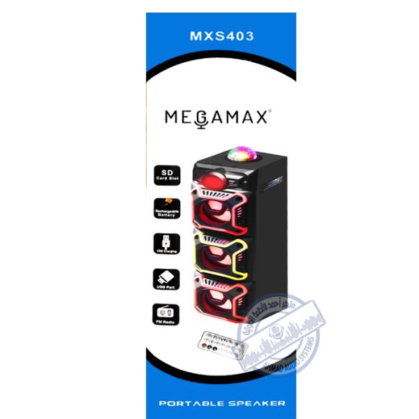 MEGAMAX MXS403 PORTABLE SPEAKER سماعة متنقلة من ميجاماكس صغيرة الحجم مع بلوتوث ويواس بي واضاءة مناسبة للاستخدام في المنزل والأمكان المحدودة